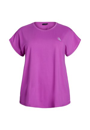 Purple short-sleeve t-shirt made of smooth fabric, featuring a round neck and a small graphic detail on the left side.