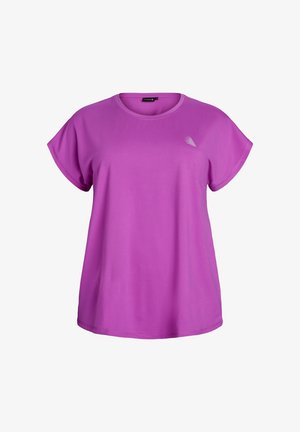 Camiseta de manga corta morada hecha de tela suave, con cuello redondo y un pequeño detalle gráfico en el lado izquierdo.