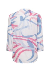 Maglietta a maniche lunghe in tessuto bianco con motivi astratti in rosa e blu. Fondo arrotondato con polsini abbottonati e design del colletto classico.