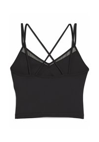 Débardeur noir court avec des bretelles croisées ajustables. Tissu lisse et design minimaliste, avec un col rond classique.