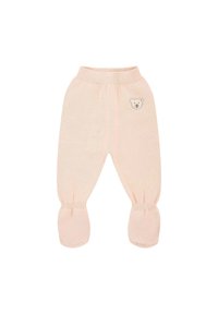 Pantaloni per neonati a maglia di un pallido rosa con vita elastica, caratterizzati da un piccolo orso ricamato all'altezza dell'anca e polsini aderenti.