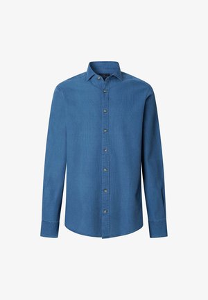 Camicia di denim, maniche lunghe, colletto con bottoni, colore blu uniforme, tessuto testurizzato, patta frontale con bottoni a contrasto e polsini singoli.