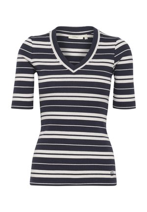 Jūras karafāns un balts svītrots īso piedurkņu krekls ar V veida kaklu, ribota tekstūra un pieguļoša piegriezuma dizains. Iezīmēts ar nelielu logotipu apakšmalā.