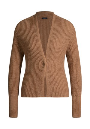 Bruine ribgebreide cardigan met lange mouwen, diepe V-hals en enkele knoopsluiting aan de voorkant in het midden.