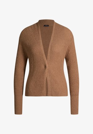 Bruine ribgebreide cardigan met lange mouwen, diepe V-hals en enkele knoopsluiting aan de voorkant in het midden.