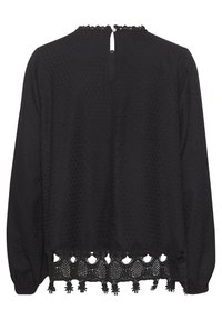 Melnas garām piedurknēm blūze ar teksturētu punktiņu rakstu, viļņota apkakle un mežģīņu apdare ar pušķu akcentiem apakšmalā.