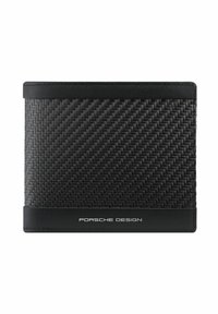 Portafoglio nero con una texture in fibra di carbonio intrecciata, dettagli in pelle nera e un logo "Porsche Design" bianco in basso. Forma rettangolare.
