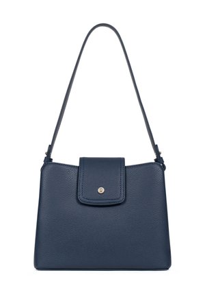 Navy blue leather handbag with a textured finish, top flap closure, and a single adjustable strap. Gold-tone hardware accent.