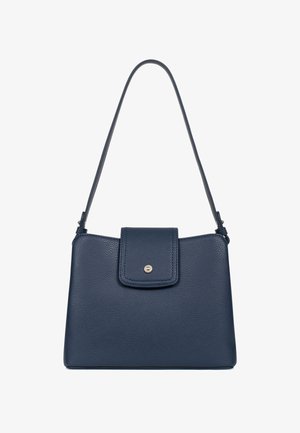 Dunkelblaue Leder-Handtasche mit strukturiertem Finish, Klappenverschluss oben und einem verstellbaren Tragegurt. Akzentuieren in Goldfarben.
