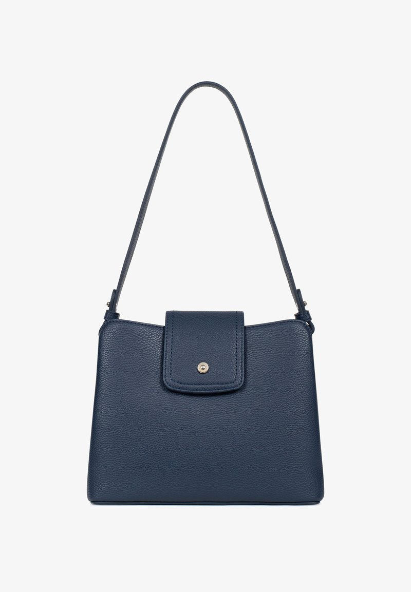 Borsa a tracolla in pelle blu navy con finitura testurizzata, chiusura a patta superiore e una singola tracolla regolabile. Dettagli in metallo dorato.