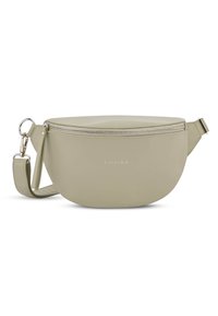 Borsa a tracolla a mezzaluna beige con zip argentata, tracolla staccabile e discreto logo "EXPATRIÉ" al centro davanti.