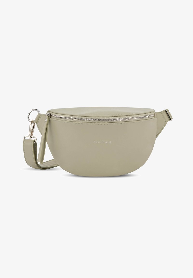 Borsa a tracolla a mezzaluna beige con zip argentata, tracolla staccabile e discreto logo "EXPATRIÉ" al centro davanti.