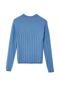 Blauer gerippter Strickpullover mit hohem Kragen, langen Ärmeln und tailliertem Saum. Die Textur ist glatt und weist durchgängige vertikale Streifen auf.