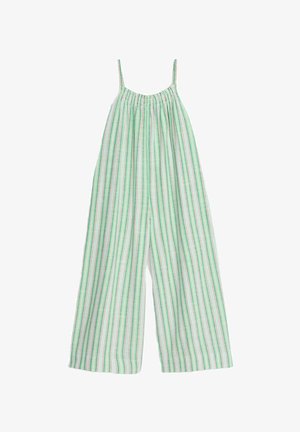 Combinaison à rayures vertes et blanches avec des jambes larges, un corps élastique et des bretelles spaghetti ajustables. Tissu doux et léger.