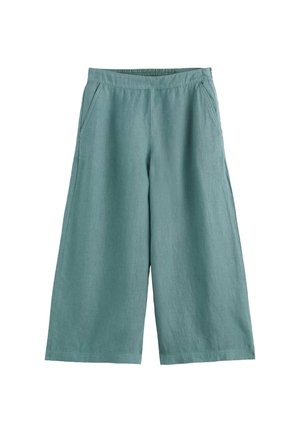 Pantalones de lino color verde azulado de pierna ancha y corte corto, con cintura elástica y bolsillos laterales, diseñados para un uso casual y cómodo.