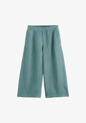 Pantaloni largi trei sferturi din in, culoare teal, cu talie elastică și buzunare laterale, concepuți pentru o purtare casual și confortabilă.