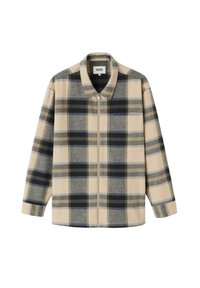 Veste zippée en tartan beige, marine et gris. Dispose d'un col, de manches longues et d'une poche poitrine. Tissu doux avec un motif à carreaux.