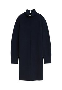 Gebreide coltrui jurk in donker navy blauw, met lange mouwen, een rechte pasvorm en een ritsdetail aan de achterkant.