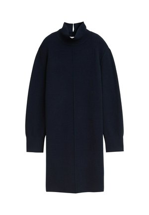 Gebreide coltrui jurk in donker navy blauw, met lange mouwen, een rechte pasvorm en een ritsdetail aan de achterkant.