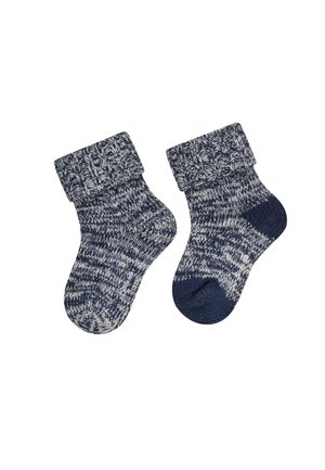 Pair of folded cuff knit baby socks in navy blue and white marled pattern with solid navy heels and toes.