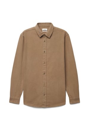 Long-sleeve brown button-up shirt with a classic collar and buttoned cuffs, laid flat on a white background.