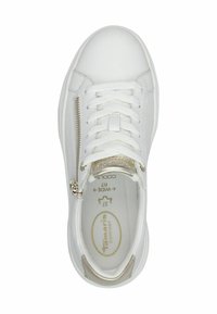 Sneaker bianco con tomaia in pelle liscia, lacci piatti, zip laterale e dettagli dorati. Presenta una soletta testurizzata e una vestibilità ampia. Misura 37.