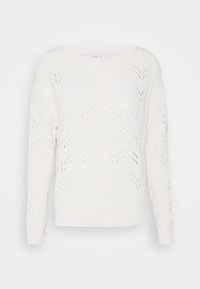 White knitted sweater with long sleeves, featuring a chevron pattern and open weave texture. Rounded neckline and ribbed hem.