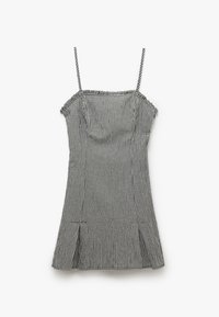 Schwarz-weißer kariertes Kleid mit dünnen Trägern, tailliertem Oberteil und leicht ausgestelltem Rock. Der Stoff weist ein strukturiertes Muster auf.