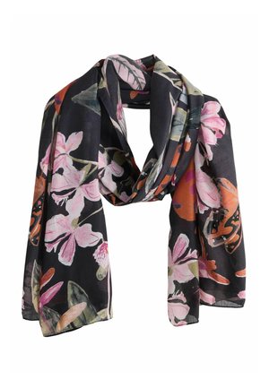 Fekete sál rózsaszín, narancssárga és zöld virágmintákkal, könnyű anyagból, lazán hurkolva.
