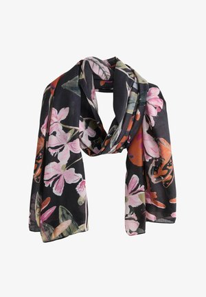 Sort tørklæde med pink, orange og grønne blomsterprint, letvægtsstof, løst draperet i en løkke.