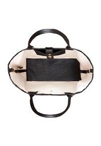 Borsa tote in pelle nera con doppio manico, dotata di un interno in tessuto beige e di un compartimento centrale nero. Presenti dettagli in metallo dorato.