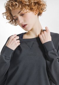 Felpa grigio scuro con vestibilità rilassata, collo rotondo, maniche lunghe e logo "DEHA" in rilievo sul davanti.