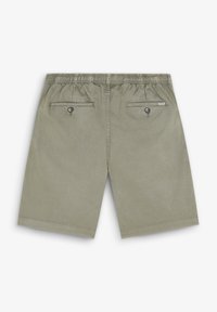 Khaki šortky s elastickým pasem, dvě zadní kapsy s knoflíkovými uzávěry, hladká textura a délka do poloviny stehna.