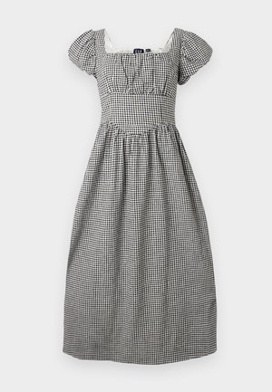 Robe midi en vichy noir et blanc avec manches bouffantes, décolleté carré, taille cintrée et jupe froncée.