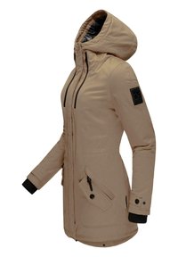 Beige parka jacket with a hood, black accents, zippered front, two front pockets, and ribbed cuffs. Smooth texture and slightly fitted shape.