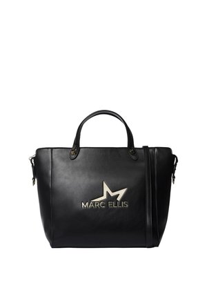 Sac à main en cuir noir avec deux poignées et une bandoulière, avec un logo étoile argenté et le nom de la marque Marc Ellis sur le devant.