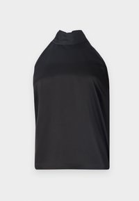 Melns halter top no gludas auduma, ar augstu apkakli un brīvu piegriezumu, bez redzamām aizdarem vai rotājumiem.