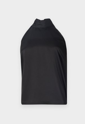 Top negru cu guler halter, realizat dintr-un material neted, având un guler înalt și o croială lejeră, fără închideri sau detalii decorative vizibile.