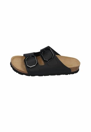 Black sandal with two wide straps, octagonal black hardware accents, cork footbed, textured rubber sole, and open-toe design.