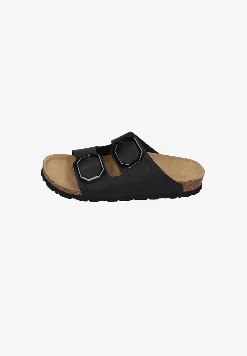 Black sandal with two wide straps, octagonal black hardware accents, cork footbed, textured rubber sole, and open-toe design.
