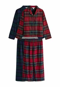 Red and navy plaid pajama set featuring a collared top with buttons and elastic-waist pants, showcasing a soft flannel texture.