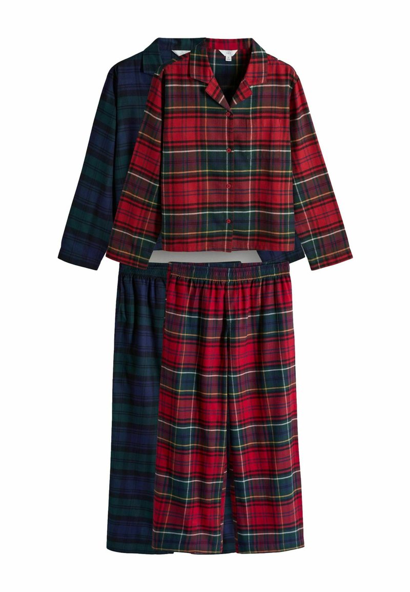 Red and navy plaid pajama set featuring a collared top with buttons and elastic-waist pants, showcasing a soft flannel texture.