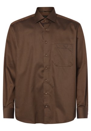 Brun langærmet skjorte lavet af glat stof, med et subtilt mønster, button-down krave og en enkelt brystlomme.