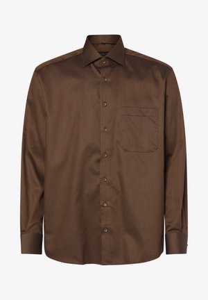 Brun langærmet skjorte lavet af glat stof, med et subtilt mønster, button-down krave og en enkelt brystlomme.