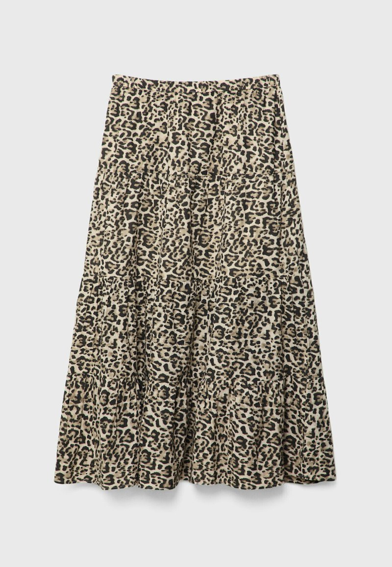 Leopardenmuster Midi-Rock aus leichtem Stoff; verfügt über einen elastischen Bund, ein gestuftes Design und Schattierungen von Beige und Schwarz.