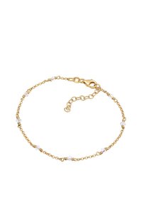 Guldarmband med klara kristallaccenter, delikata länkar och en stångklämma för säker stängning. Justerbar längd med extra länkar.