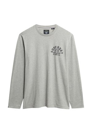 Grijs langarm T-shirt van zachte stof, met een ronde hals en een bedrukte logo "SUPERDRY ATH. STATE" aan de voorkant in donkerblauw.