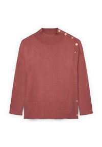 Figurbetonter, langärmeliger Pullover in staubigem Rosé, mit hohem Kragen, gerippter Textur und dekorativen goldenen Knopfdetails an der Schulter.