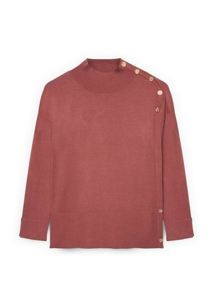Maglione aderente a maniche lunghe in rosa polveroso, con colletto alto, texture a costine e bottoni decorativi in oro su una spalla.