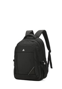 Zaino nero con schienale imbottito, due spallacci regolabili, compartimento anteriore con zip, tasche laterali in rete e un dettaglio accentato geometrico.